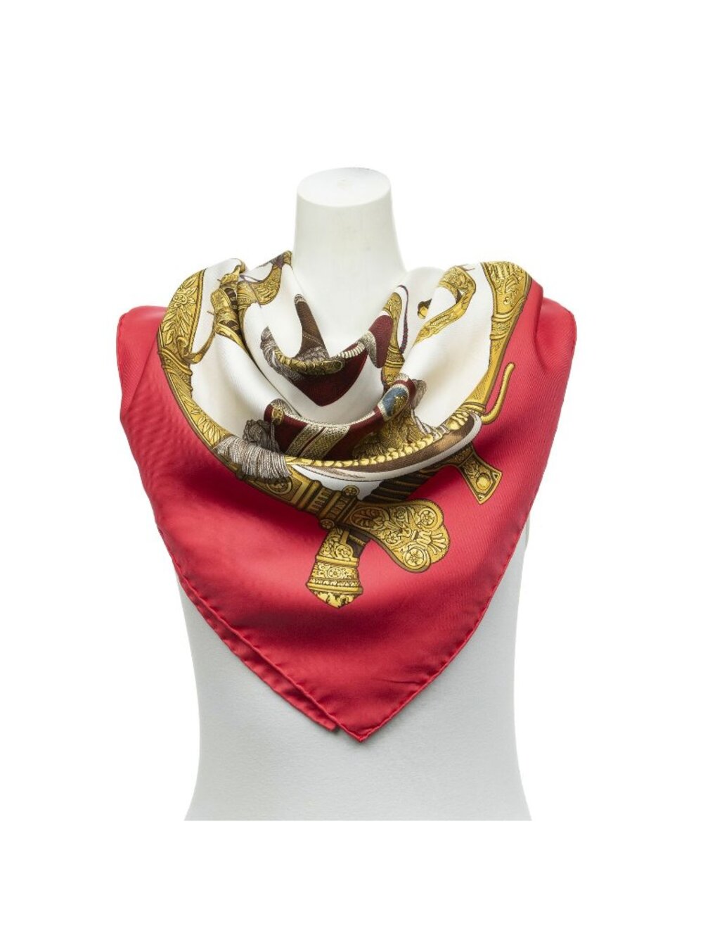 Hermes Scarf Red Gold Ivory Twill Silk